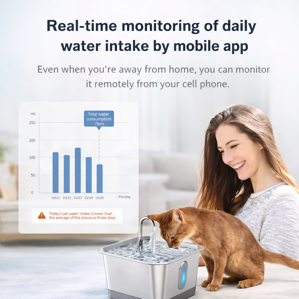 Smart App-Controlled Stainless Steel Pet Water Fountain | Real-Time Water Monitoring